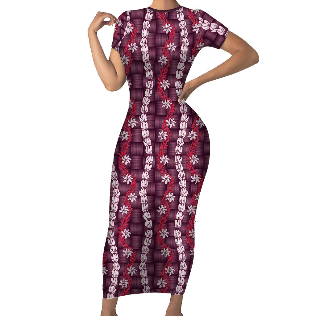 Pikake Maile Tiare Lei Family Matching Short Sleeve Bodycon Dress and Hawaiian Shirt Akala Lauhala Pattern