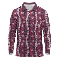 Pikake Maile Tiare Lei Long Sleeve Polo Shirt Akala Lauhala Pattern LT01 Pink - Polynesian Pride
