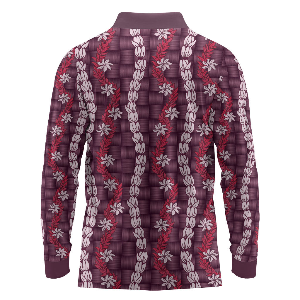 Pikake Maile Tiare Lei Long Sleeve Polo Shirt Akala Lauhala Pattern LT01 - Polynesian Pride