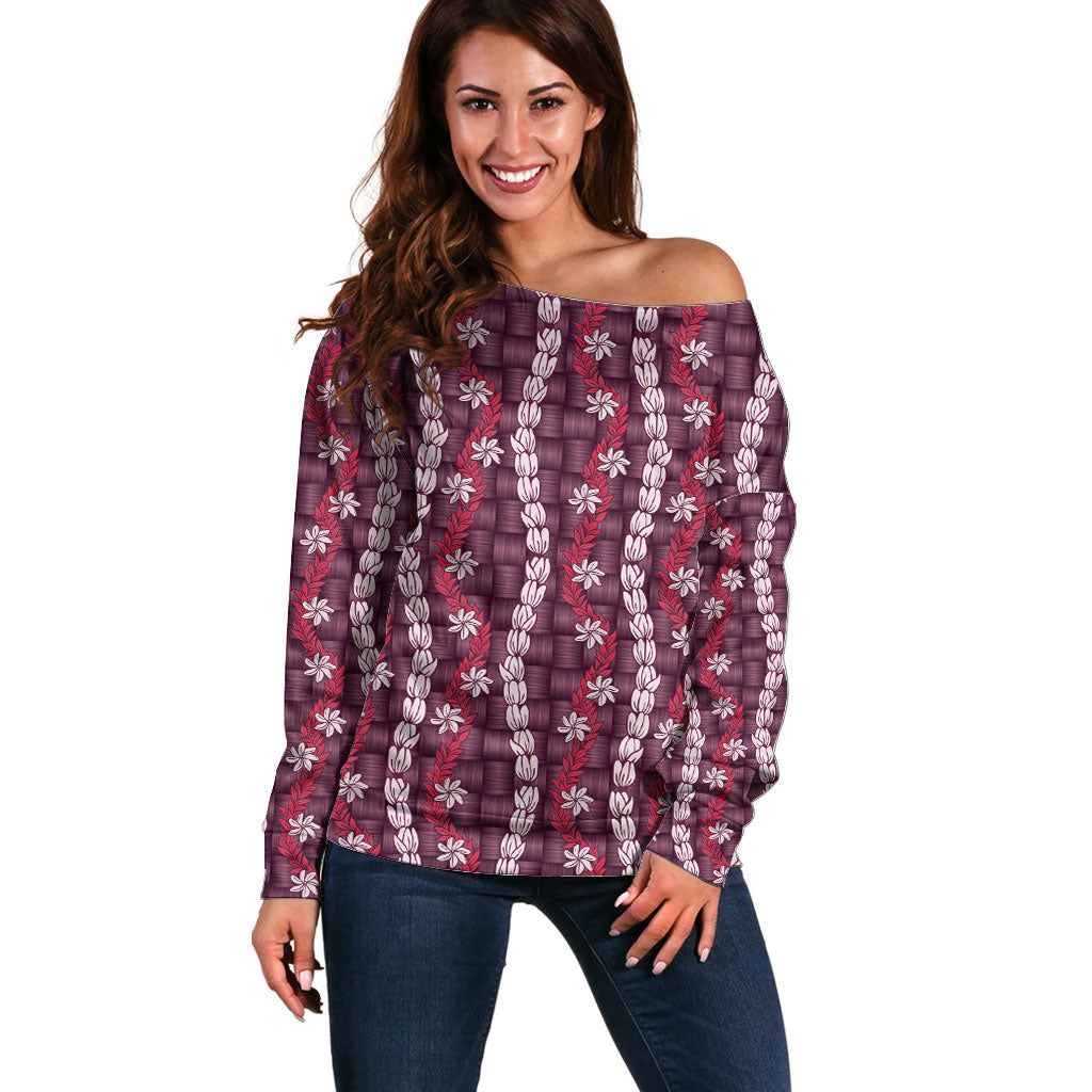 Pikake Maile Tiare Lei Off Shoulder Sweater Akala Lauhala Pattern
