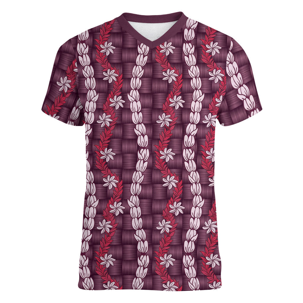 Pikake Maile Tiare Lei Women V-Neck T-Shirt Akala Lauhala Pattern