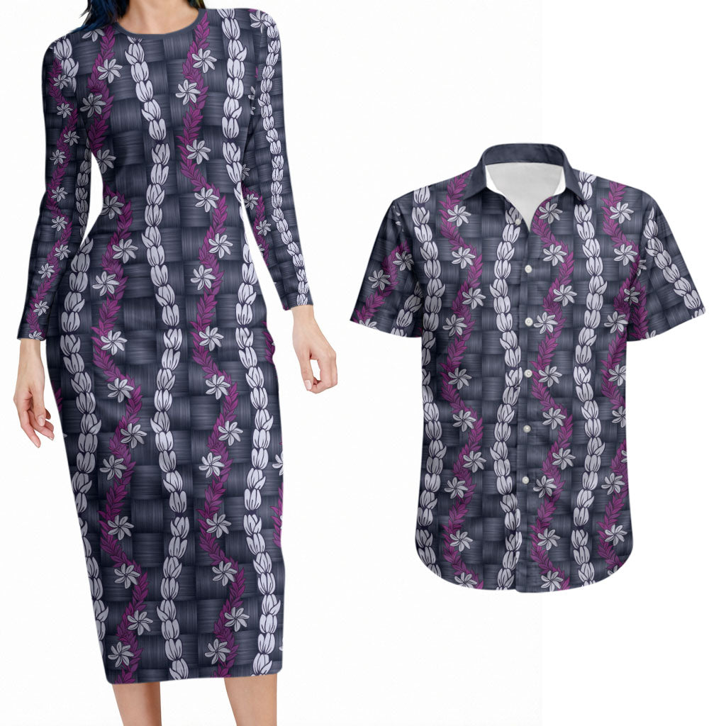 Pikake Maile Tiare Lei Couples Matching Long Sleeve Bodycon Dress and Hawaiian Shirt Poni Lauhala Pattern LT01 Purple - Polynesian Pride