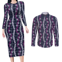 Pikake Maile Tiare Lei Couples Matching Long Sleeve Bodycon Dress and Long Sleeve Button Shirt Poni Lauhala Pattern