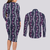 Pikake Maile Tiare Lei Couples Matching Long Sleeve Bodycon Dress and Long Sleeve Button Shirt Poni Lauhala Pattern