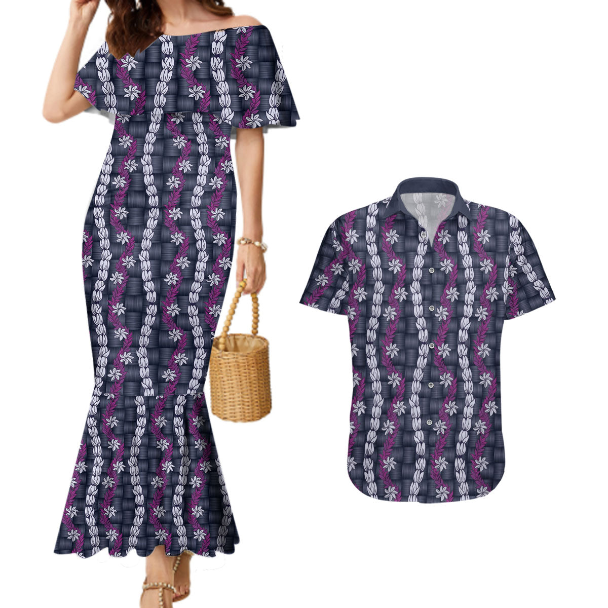 Pikake Maile Tiare Lei Couples Matching Mermaid Dress and Hawaiian Shirt Poni Lauhala Pattern