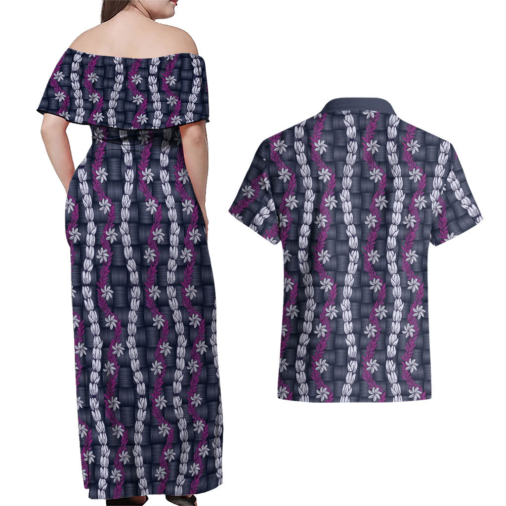 Pikake Maile Tiare Lei Couples Matching Off Shoulder Maxi Dress and Hawaiian Shirt Poni Lauhala Pattern LT01 - Polynesian Pride