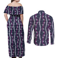 Pikake Maile Tiare Lei Couples Matching Off Shoulder Maxi Dress and Long Sleeve Button Shirt Poni Lauhala Pattern