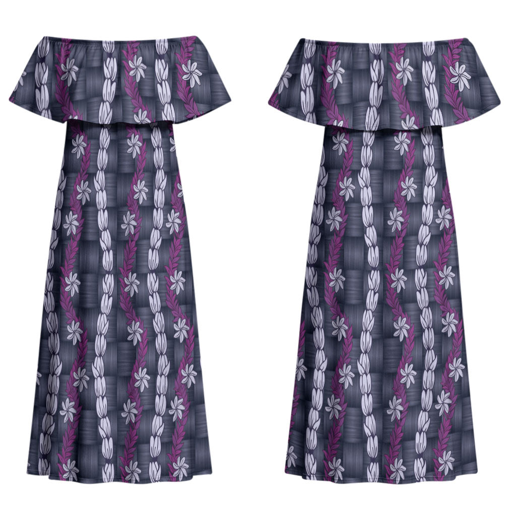 Pikake Maile Tiare Lei Couples Matching Off Shoulder Maxi Dress and Long Sleeve Button Shirt Poni Lauhala Pattern LT01 - Polynesian Pride