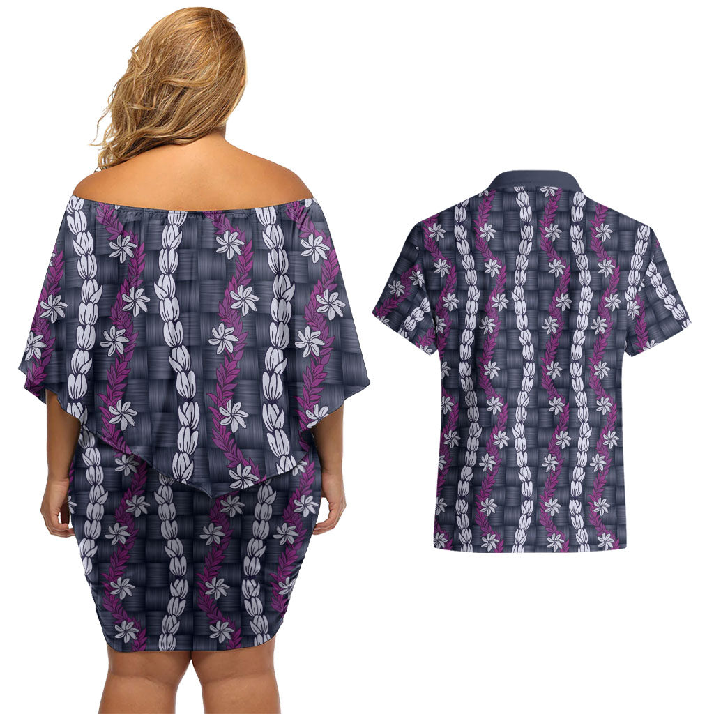 Pikake Maile Tiare Lei Couples Matching Off Shoulder Short Dress and Hawaiian Shirt Poni Lauhala Pattern
