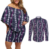 Pikake Maile Tiare Lei Couples Matching Off Shoulder Short Dress and Long Sleeve Button Shirt Poni Lauhala Pattern