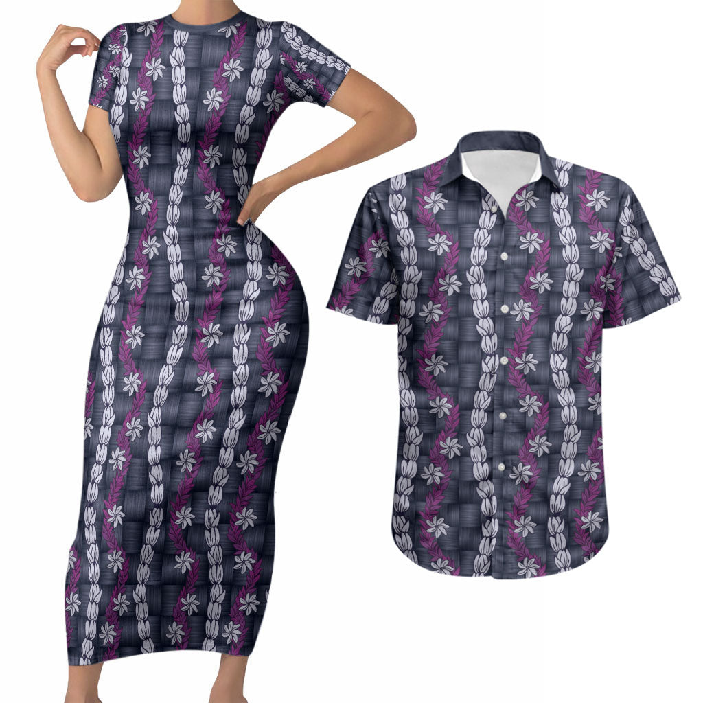 Pikake Maile Tiare Lei Couples Matching Short Sleeve Bodycon Dress and Hawaiian Shirt Poni Lauhala Pattern LT01 Purple - Polynesian Pride