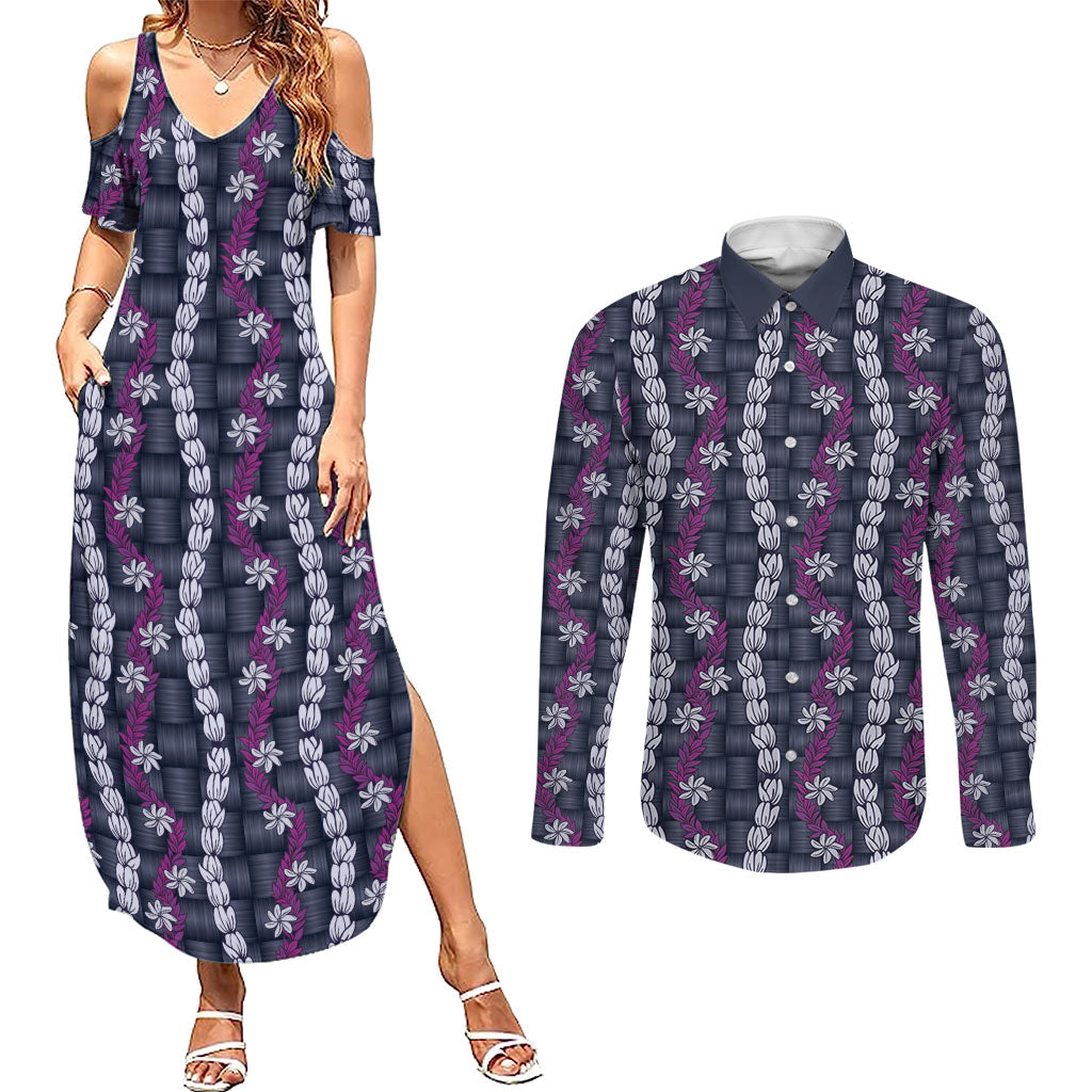 Pikake Maile Tiare Lei Couples Matching Summer Maxi Dress and Long Sleeve Button Shirt Poni Lauhala Pattern LT01 Purple - Polynesian Pride