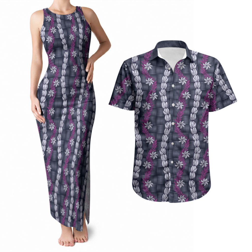 Pikake Maile Tiare Lei Couples Matching Tank Maxi Dress and Hawaiian Shirt Poni Lauhala Pattern LT01 Purple - Polynesian Pride