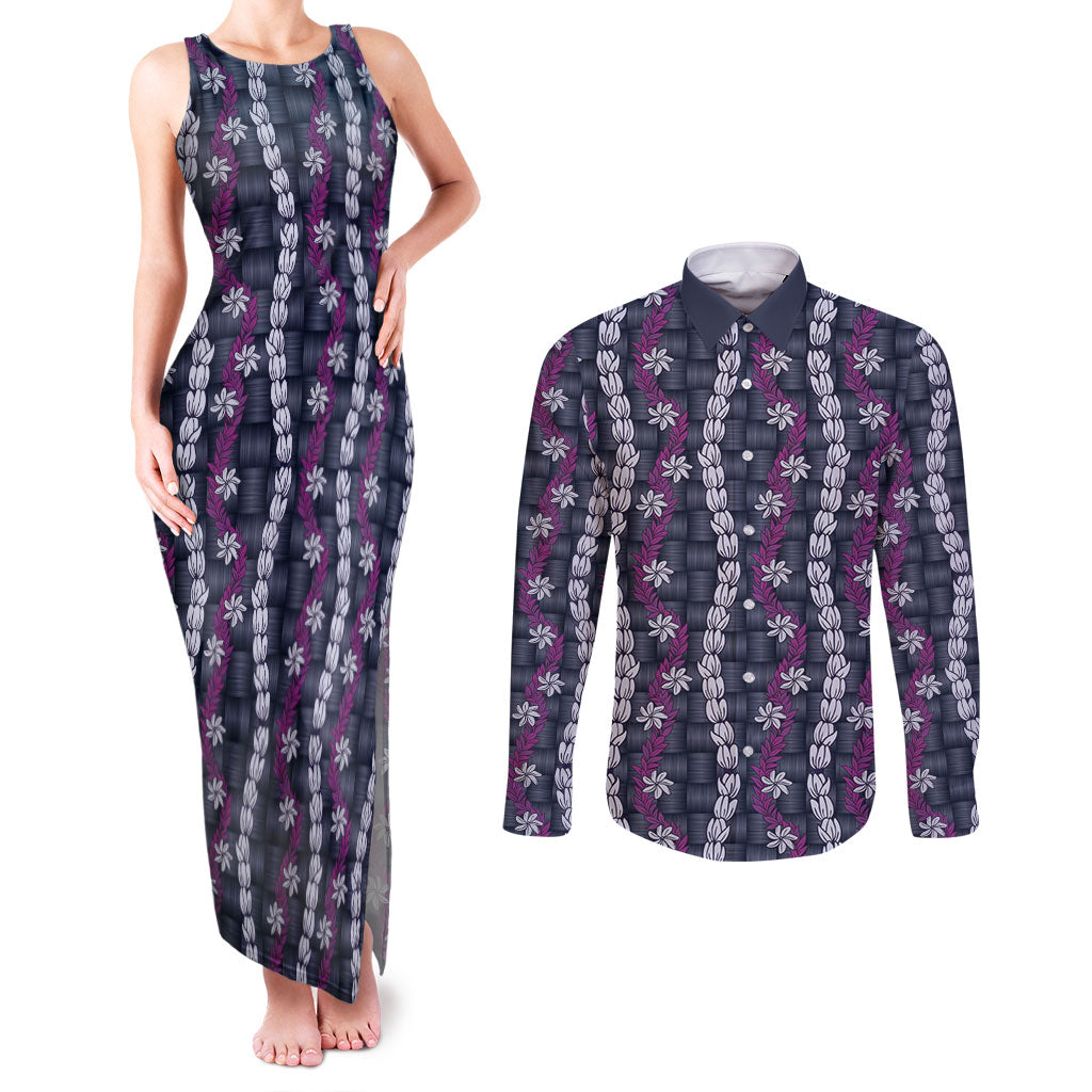 Pikake Maile Tiare Lei Couples Matching Tank Maxi Dress and Long Sleeve Button Shirt Poni Lauhala Pattern LT01 Purple - Polynesian Pride