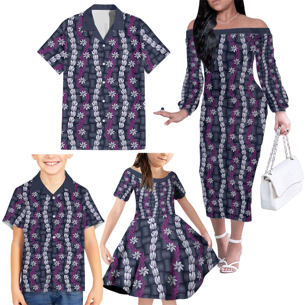 Pikake Maile Tiare Lei Family Matching Off The Shoulder Long Sleeve Dress and Hawaiian Shirt Poni Lauhala Pattern