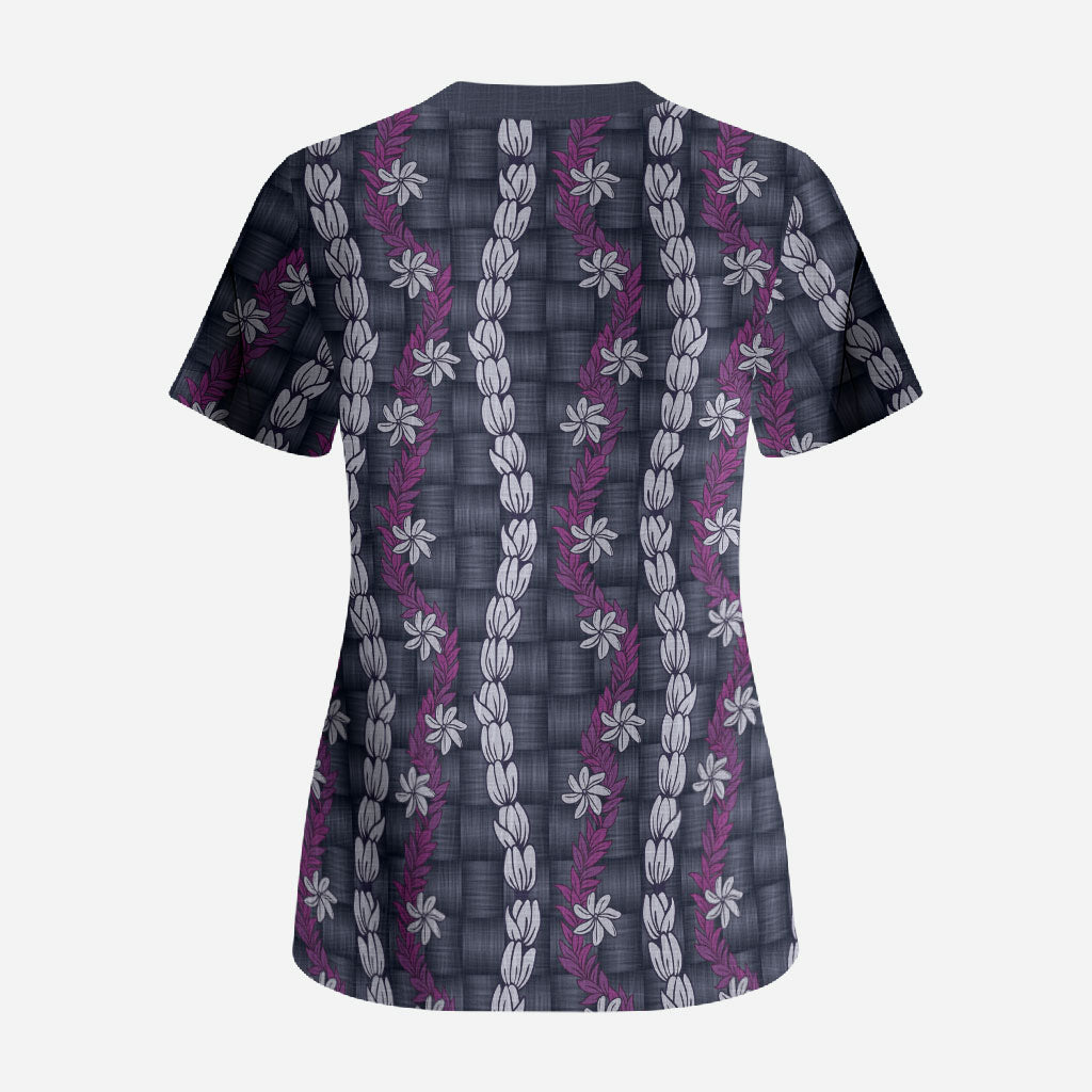 Pikake Maile Tiare Lei Scrub Top Poni Lauhala Pattern