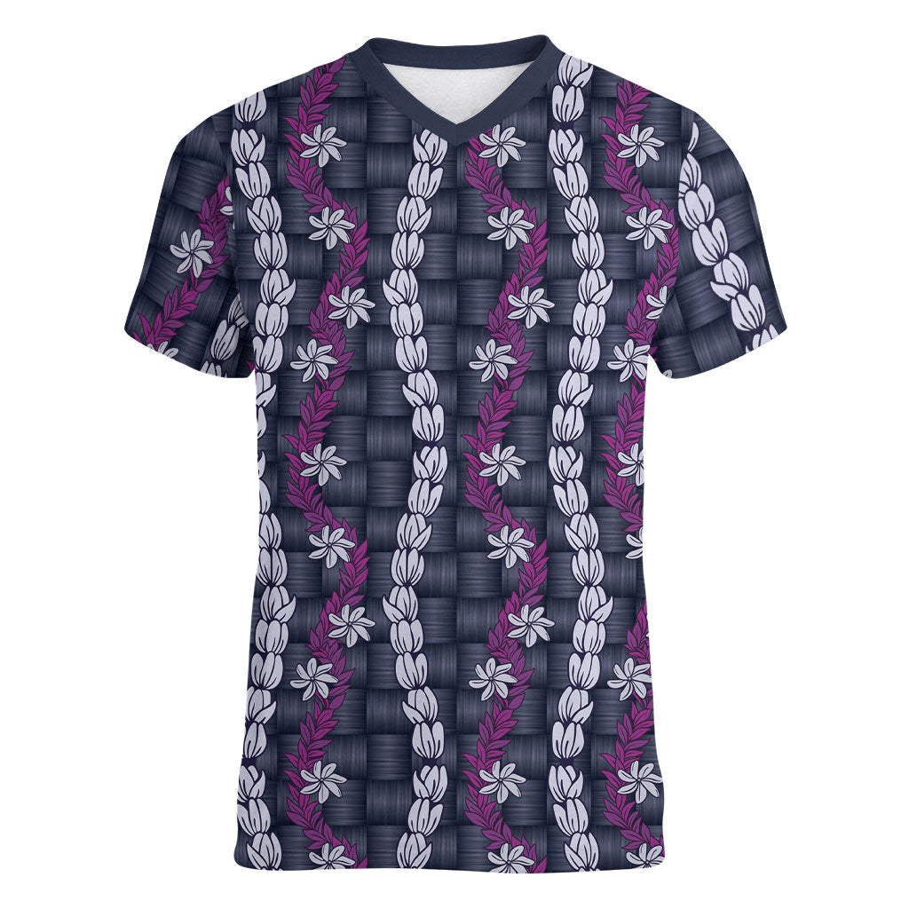 Pikake Maile Tiare Lei Women V-Neck T-Shirt Poni Lauhala Pattern