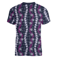 Pikake Maile Tiare Lei Women V-Neck T-Shirt Poni Lauhala Pattern