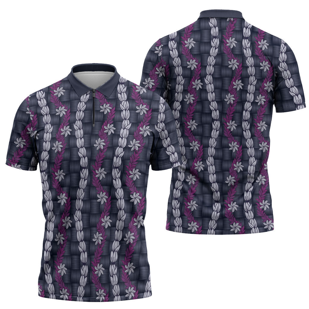 Pikake Maile Tiare Lei Zipper Polo Shirt Poni Lauhala Pattern LT01 - Polynesian Pride