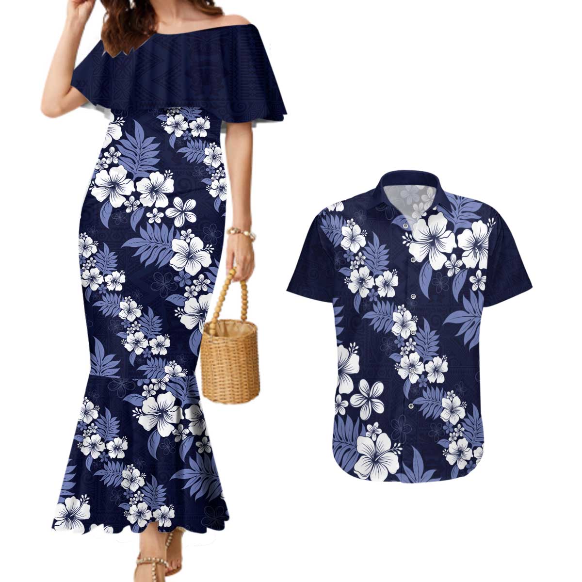 Hawaiian Hibiscus Tribal Floral Blue Couples Matching Mermaid Dress and Hawaiian Shirt Polynesian Tapa Pattern - Polynesian Pride