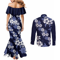 Hawaiian Hibiscus Tribal Floral Blue Couples Matching Mermaid Dress and Long Sleeve Button Shirt Polynesian Tapa Pattern - Polynesian Pride
