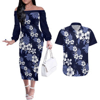 Hawaiian Hibiscus Tribal Floral Blue Couples Matching Off The Shoulder Long Sleeve Dress and Hawaiian Shirt Polynesian Tapa Pattern LT01 Blue - Polynesian Pride