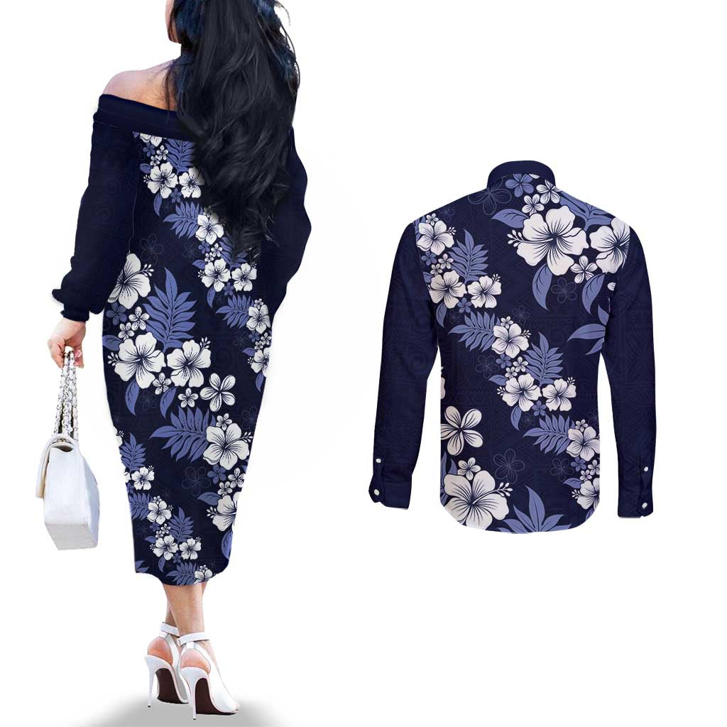 Hawaiian Hibiscus Tribal Floral Blue Couples Matching Off The Shoulder Long Sleeve Dress and Long Sleeve Button Shirt Polynesian Tapa Pattern - Polynesian Pride