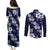 Hawaiian Hibiscus Tribal Floral Blue Couples Matching Puletasi and Long Sleeve Button Shirt Polynesian Tapa Pattern - Polynesian Pride