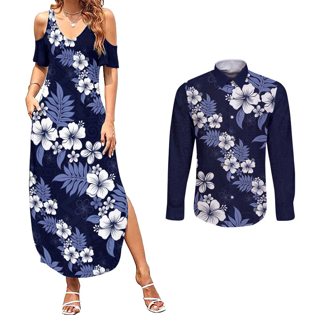 Hawaiian Hibiscus Tribal Floral Blue Couples Matching Summer Maxi Dress and Long Sleeve Button Shirt Polynesian Tapa Pattern - Polynesian Pride