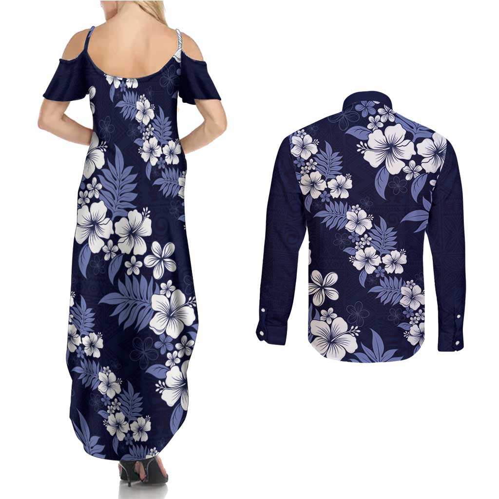 Hawaiian Hibiscus Tribal Floral Blue Couples Matching Summer Maxi Dress and Long Sleeve Button Shirt Polynesian Tapa Pattern - Polynesian Pride