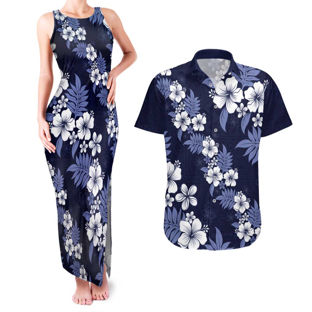 Hawaiian Hibiscus Tribal Floral Blue Couples Matching Tank Maxi Dress and Hawaiian Shirt Polynesian Tapa Pattern - Polynesian Pride