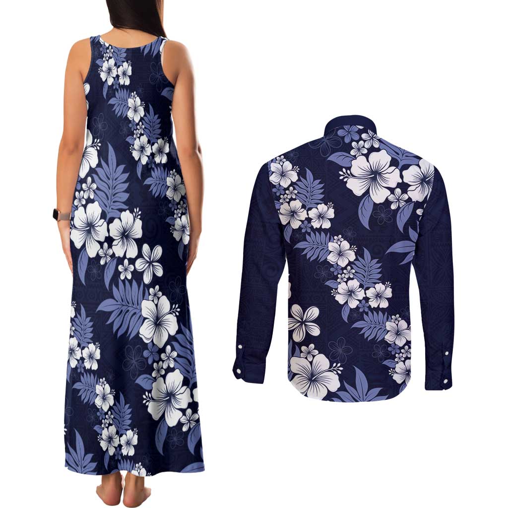 Hawaiian Hibiscus Tribal Floral Blue Couples Matching Tank Maxi Dress and Long Sleeve Button Shirt Polynesian Tapa Pattern - Polynesian Pride