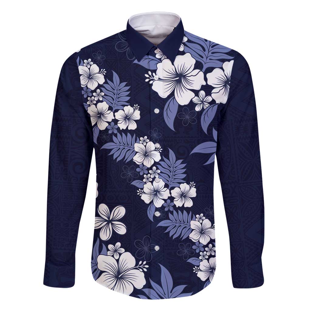 Hawaiian Hibiscus Tribal Floral Blue Family Matching Long Sleeve Bodycon Dress and Hawaiian Shirt Polynesian Tapa Pattern LT01 Dad's Shirt - Long Sleeve Blue - Polynesian Pride