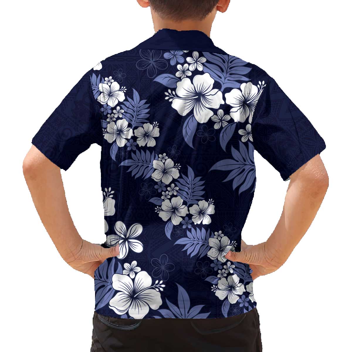 Hawaiian Hibiscus Tribal Floral Blue Family Matching Off The Shoulder Long Sleeve Dress and Hawaiian Shirt Polynesian Tapa Pattern LT01 - Polynesian Pride
