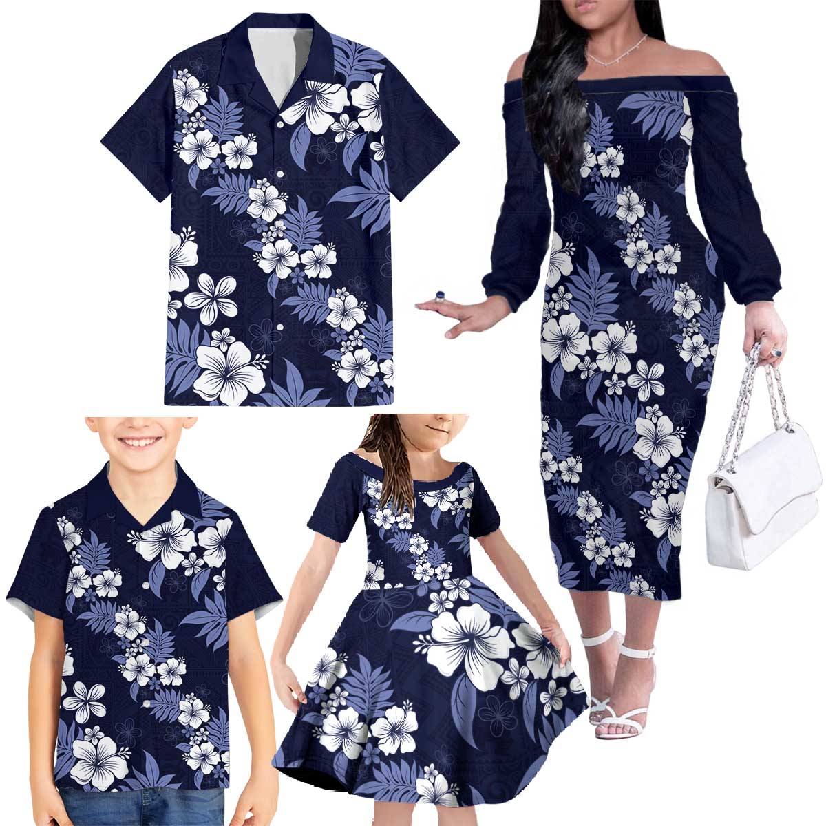 Hawaiian Hibiscus Tribal Floral Blue Family Matching Off The Shoulder Long Sleeve Dress and Hawaiian Shirt Polynesian Tapa Pattern LT01 - Polynesian Pride
