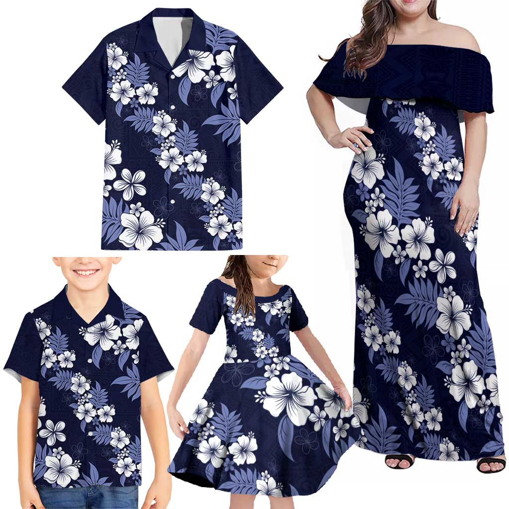 Hawaiian Hibiscus Tribal Floral Blue Family Matching Off Shoulder Maxi Dress and Hawaiian Shirt Polynesian Tapa Pattern LT01 - Polynesian Pride