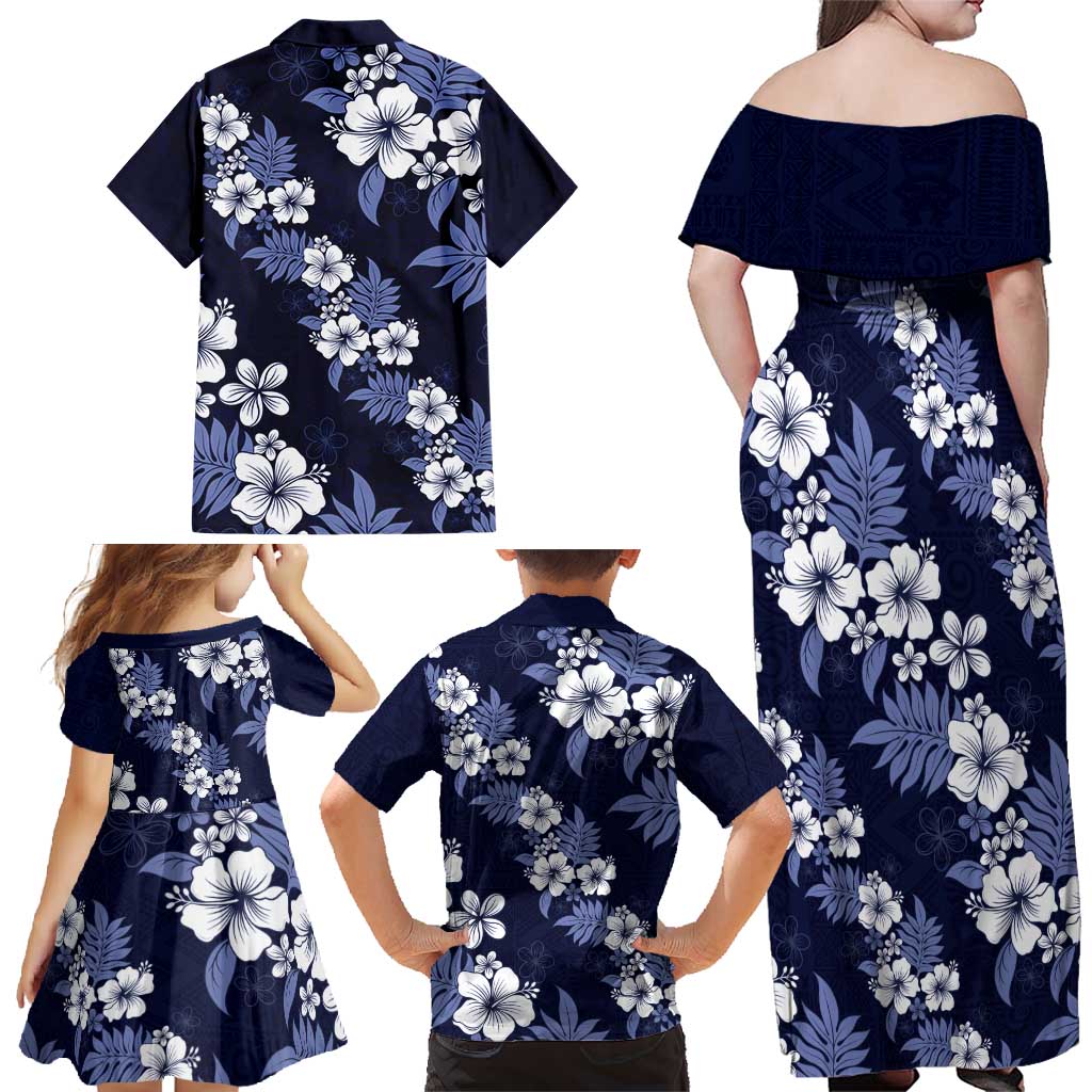 Hawaiian Hibiscus Tribal Floral Blue Family Matching Off Shoulder Maxi Dress and Hawaiian Shirt Polynesian Tapa Pattern LT01 - Polynesian Pride