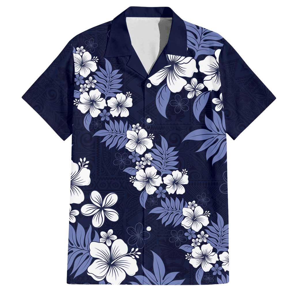 Hawaiian Hibiscus Tribal Floral Blue Family Matching Off Shoulder Maxi Dress and Hawaiian Shirt Polynesian Tapa Pattern LT01 Dad's Shirt - Short Sleeve Blue - Polynesian Pride