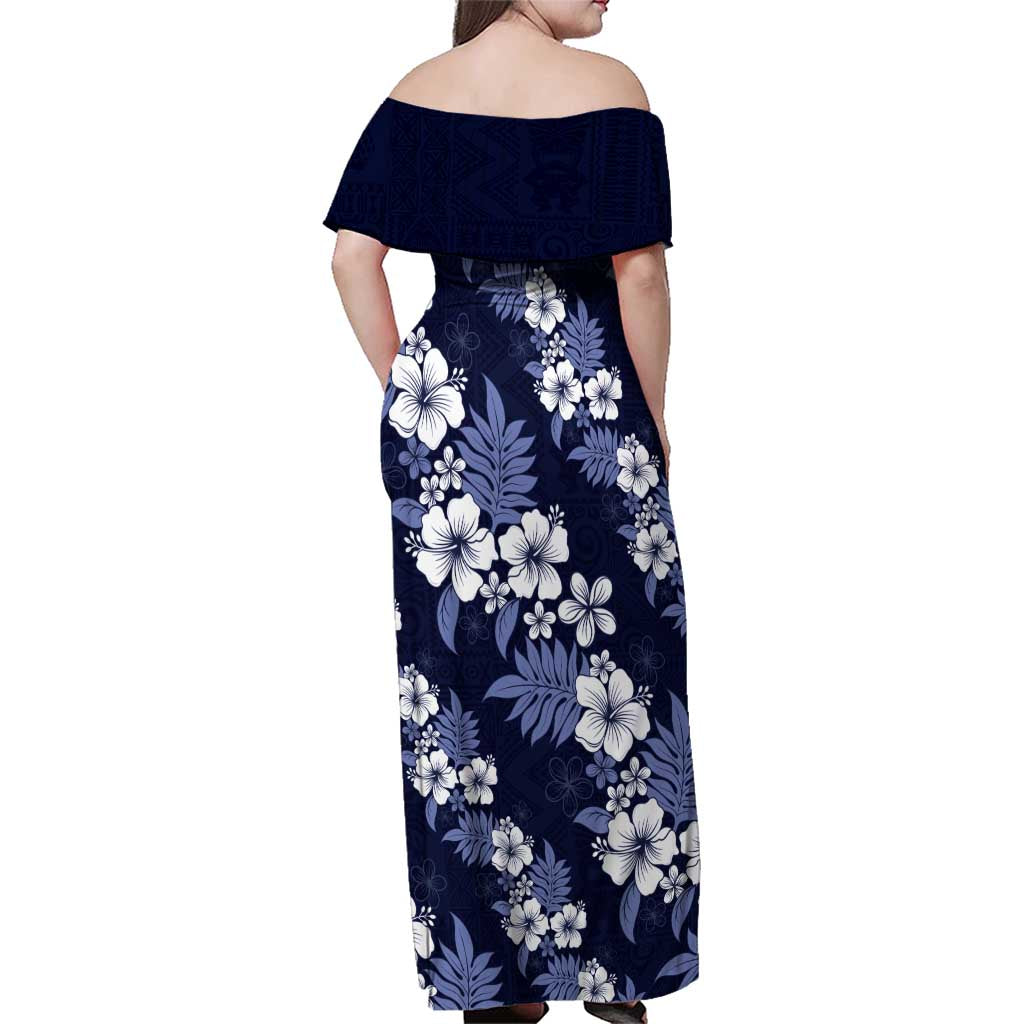 Hawaiian Hibiscus Tribal Floral Blue Family Matching Off Shoulder Maxi Dress and Hawaiian Shirt Polynesian Tapa Pattern LT01 - Polynesian Pride
