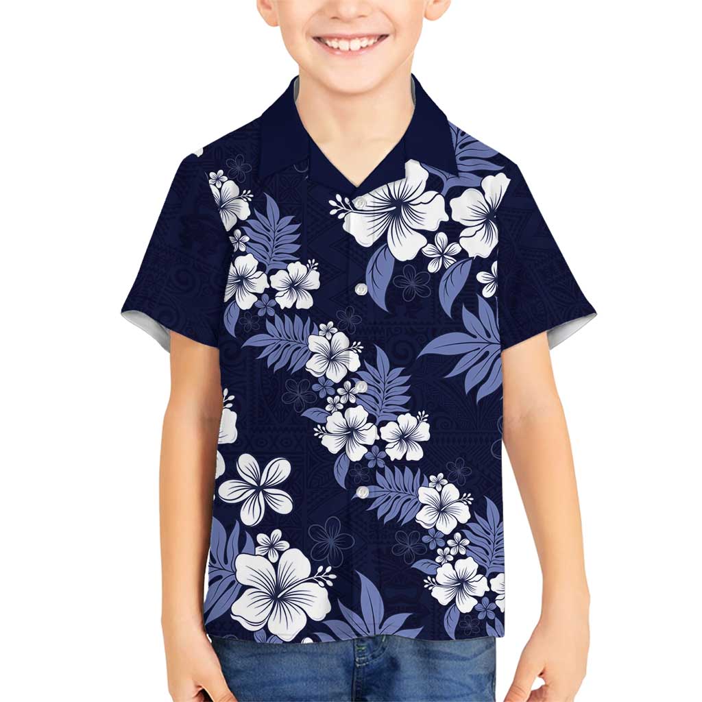 Hawaiian Hibiscus Tribal Floral Blue Family Matching Off Shoulder Maxi Dress and Hawaiian Shirt Polynesian Tapa Pattern LT01 Son's Shirt Blue - Polynesian Pride