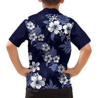 Hawaiian Hibiscus Tribal Floral Blue Family Matching Off Shoulder Short Dress and Hawaiian Shirt Polynesian Tapa Pattern LT01 - Polynesian Pride