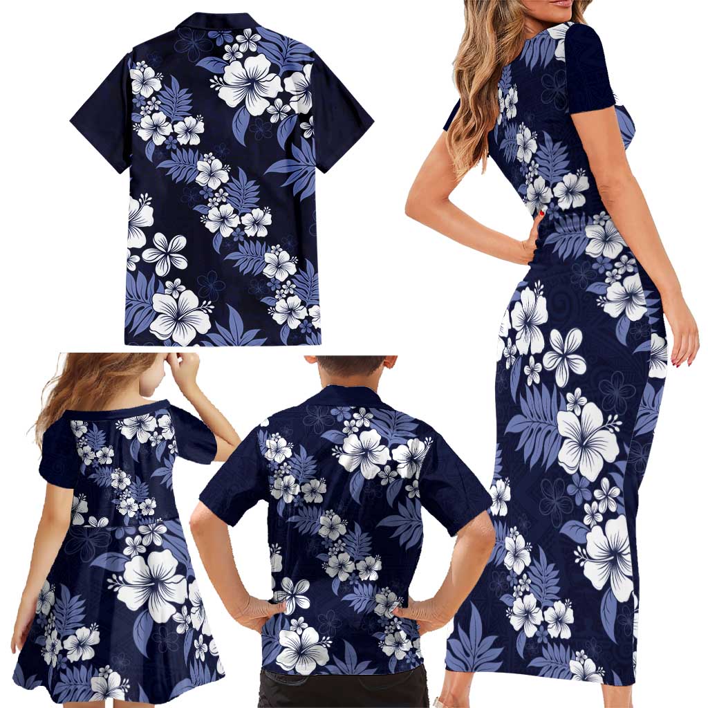 Hawaiian Hibiscus Tribal Floral Blue Family Matching Short Sleeve Bodycon Dress and Hawaiian Shirt Polynesian Tapa Pattern LT01 - Polynesian Pride