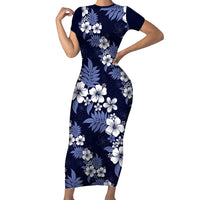 Hawaiian Hibiscus Tribal Floral Blue Family Matching Short Sleeve Bodycon Dress and Hawaiian Shirt Polynesian Tapa Pattern LT01 Mom's Dress Blue - Polynesian Pride