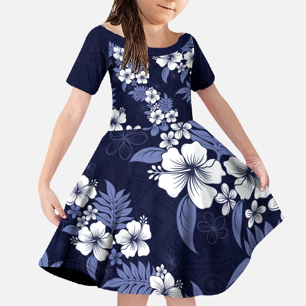 Hawaiian Hibiscus Tribal Floral Blue Family Matching Summer Maxi Dress and Hawaiian Shirt Polynesian Tapa Pattern LT01 Daughter's Dress Blue - Polynesian Pride