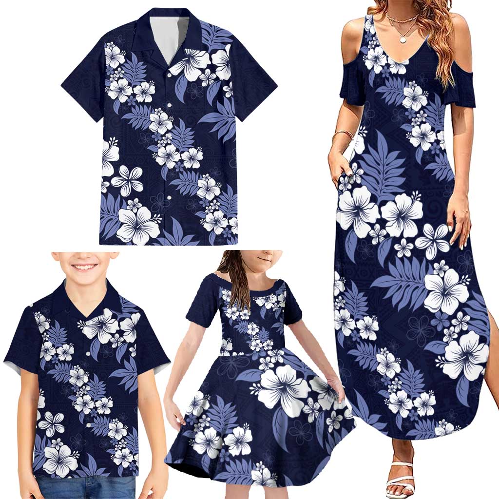 Hawaiian Hibiscus Tribal Floral Blue Family Matching Summer Maxi Dress and Hawaiian Shirt Polynesian Tapa Pattern LT01 - Polynesian Pride