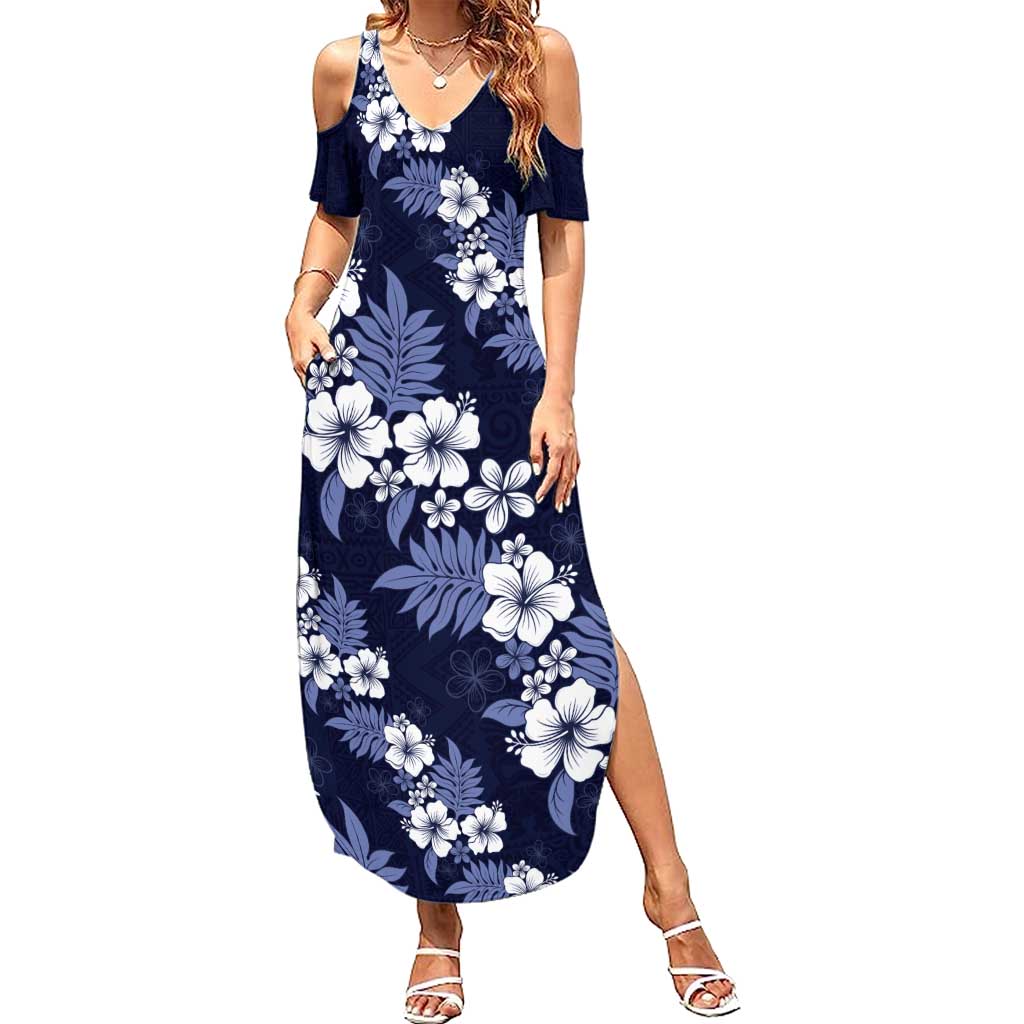 Hawaiian Hibiscus Tribal Floral Blue Family Matching Summer Maxi Dress and Hawaiian Shirt Polynesian Tapa Pattern LT01 Mom's Dress Blue - Polynesian Pride