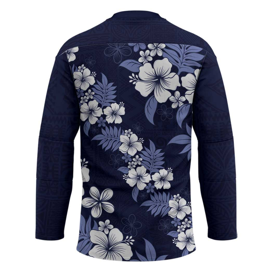Hawaiian Hibiscus Tribal Floral Blue Hockey Jersey Polynesian Tapa Pattern - Polynesian Pride
