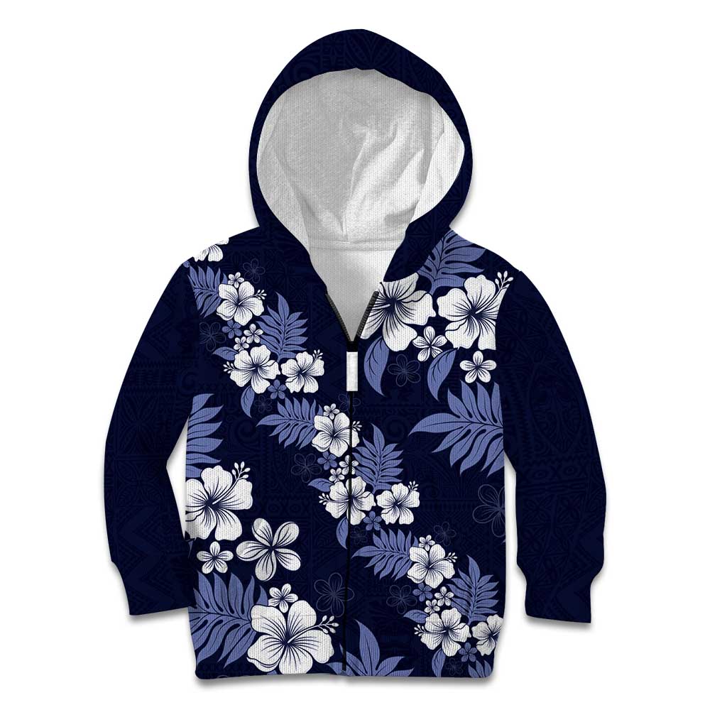 Hawaiian Hibiscus Tribal Floral Blue Kid Hoodie Polynesian Tapa Pattern LT01 Zip Hoodie Blue - Polynesian Pride