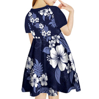 Hawaiian Hibiscus Tribal Floral Blue Kid Short Sleeve Dress Polynesian Tapa Pattern - Polynesian Pride