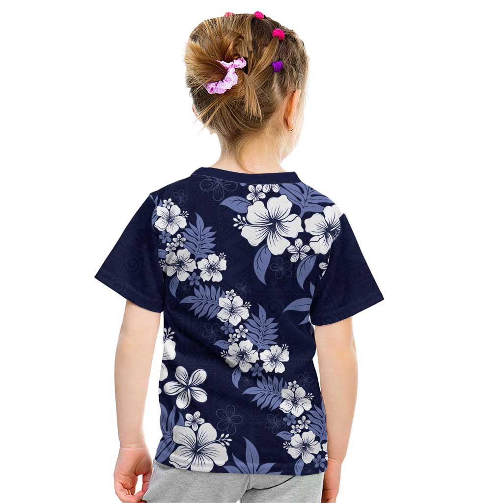 Hawaiian Hibiscus Tribal Floral Blue Kid T Shirt Polynesian Tapa Pattern - Polynesian Pride